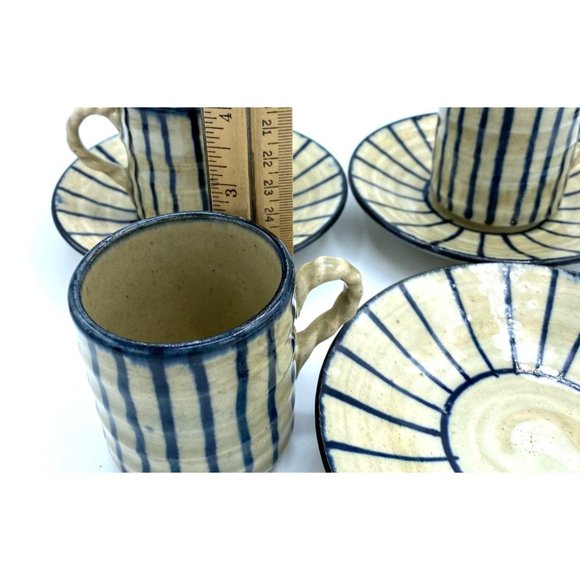 Yamaki Ikai Striped Cups and Saucers Pottery Tea Cups/Demi Tasse/Signed/Twisted - Picture 4 of 5